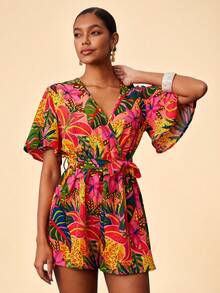 Travachic Mono de mujer con cuello cruzado, mangas con volantes y cintura con lazo, estampado tropical de leopardo para vacaciones de verano en la playa - Rosa Fucsia - Ver 3