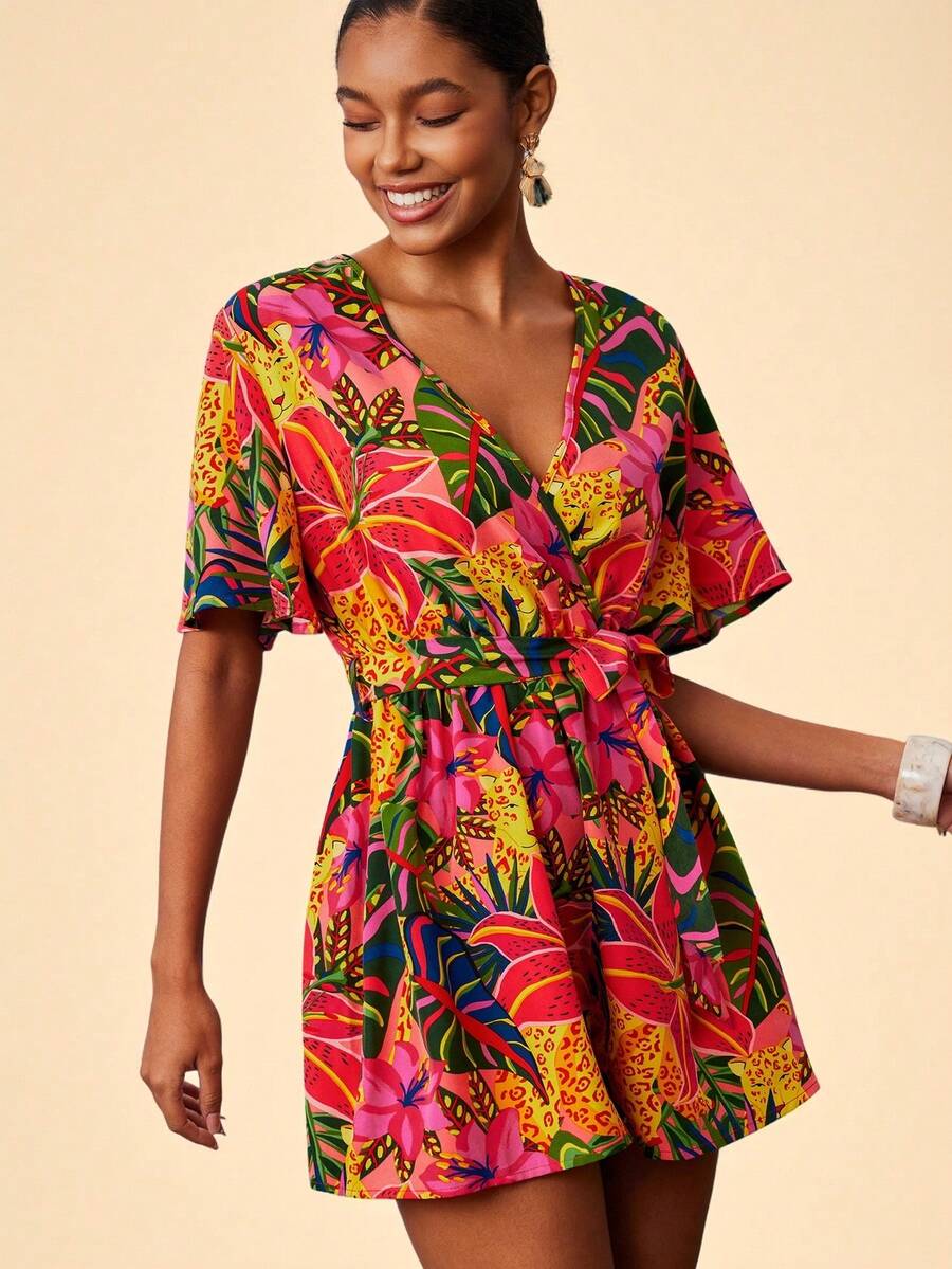 Travachic Mono de mujer con cuello cruzado, mangas con volantes y cintura con lazo, estampado tropical de leopardo para vacaciones de verano en la playa - Rosa Fucsia - Ver 1