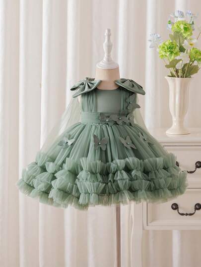 Glamorique Kids Toddler Girls' Cute Mesh Tutu Skirt With Bow & Pearl Decor, Birthday Party, Holiday, Ball Gown, Princess Dress Sage Green Baby Girl Dress Ruffle Frock Toddler Green Birthday Dress Toddler Girl Party Dress Butterfly Detail Dress