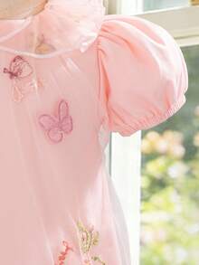 Souflis Souflis French Style New Baby Girl Princess Embroidered Mesh Petal Sleeve Dress, Suitable For Birthday Party, Evening Party, Daily Wear - Pink - View 5