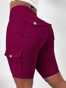 SHEIN LUNE Plus Size High Waist Fold-Over Cargo Running Shorts With Pockets, Tummy Control & Butt Lifting - Purple - View 1