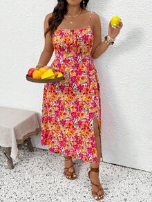 SHEIN Frenchy Đầm slip dáng suông xẻ tà in hoa dành cho nữ cỡ lớn - Nhiều màu - Xem 5