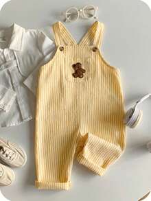 SHEIN 男婴休闲可爱百搭条纹卡通熊图案围兜连体衣 - 黃色 - 查看 4