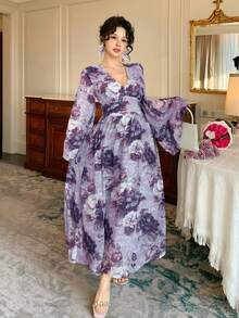 DAZY Women's V-Neck Floral Elegant Full Print Flowing Dress Sundress Boho - Purple - View 3
