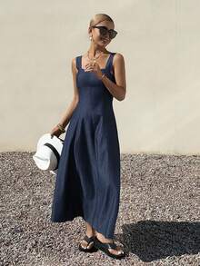 DAZY Vestido de mezclilla para mujer con tirantes anchos y cintura ceñida - Azul - Ver 5