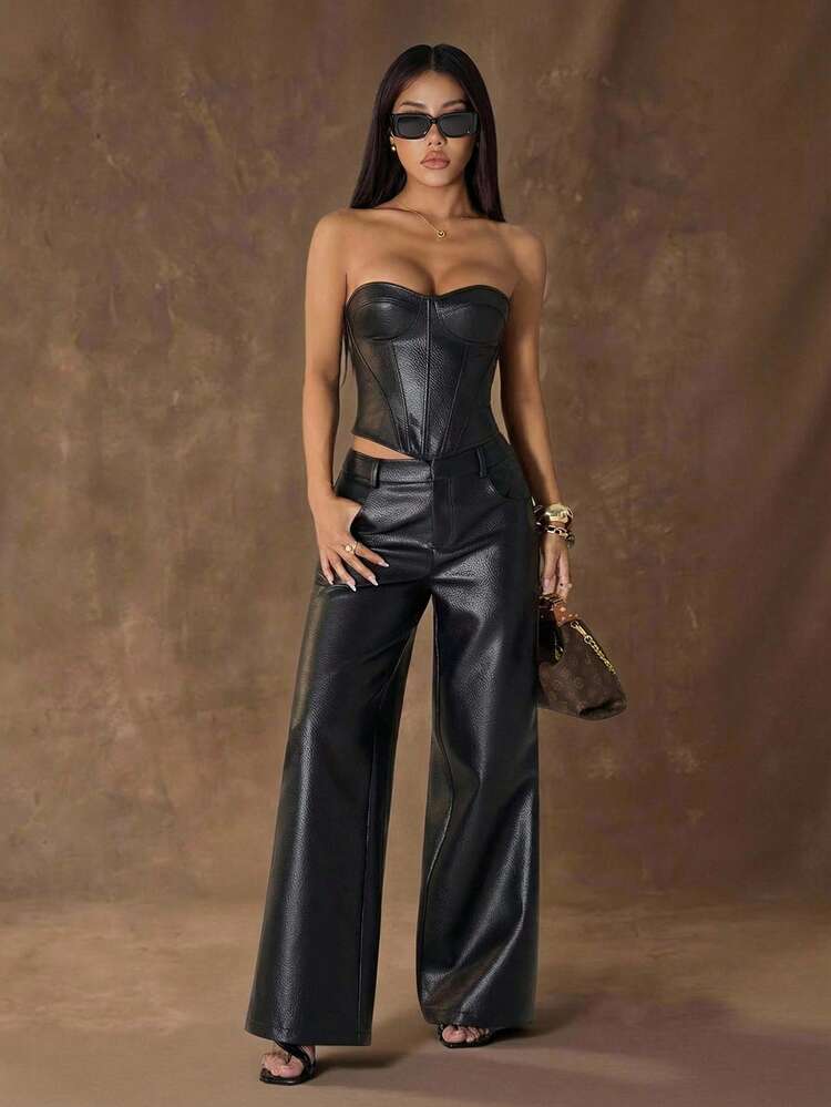 SHEIN PETITE Top corto bandeau de moda sexy de piel sintética marrón para fiesta, corsé de cuero marrón, top de noche, top de club, corsé marrón, top de fiesta, top de cuero, top de invierno, corsé bandeau, top de Halloween, top de Navidad, top de Año Nuevo - Negro - Añade 7