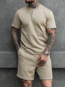 Manfinity CasualCool 男士休闲通勤纹理短袖T恤套装 - 卡其色 - 查看 6