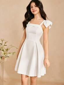 Elegant Elegant Graceful White Sleeveless Spaghetti Strap Cap Sleeve Design Waist Snug Fit Luxurious Pleated Dress For Teenage Girls - White - View 5