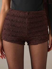 SHEIN BAE 女士纯色荷叶边休闲修身短裤 - 棕色 - 查看 1