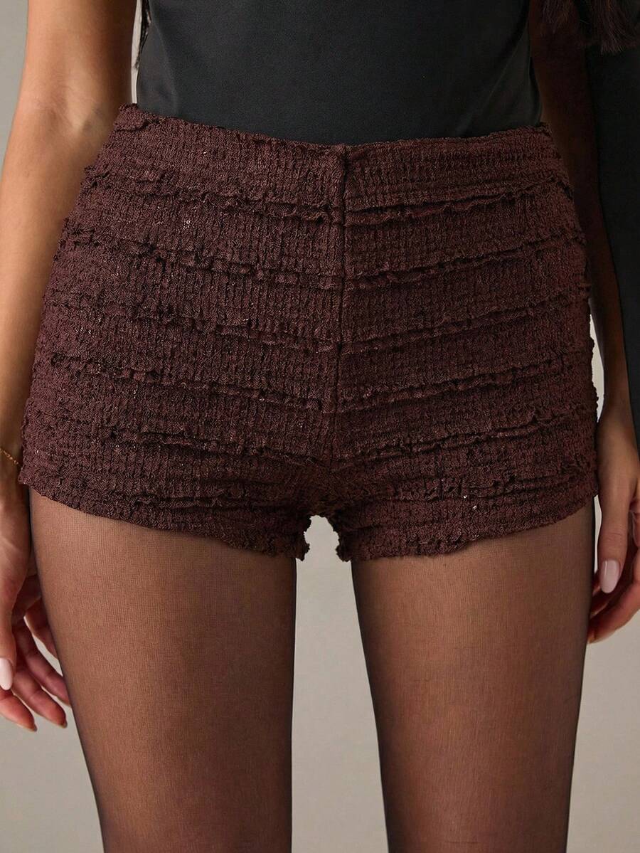 SHEIN BAE 女士纯色荷叶边休闲修身短裤 - 棕色 - 查看 1