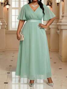 Fleurora 大码纯色常规肩部荷叶边下摆裹腰短袖夏季连衣裙 - 薄荷綠 - 查看 6