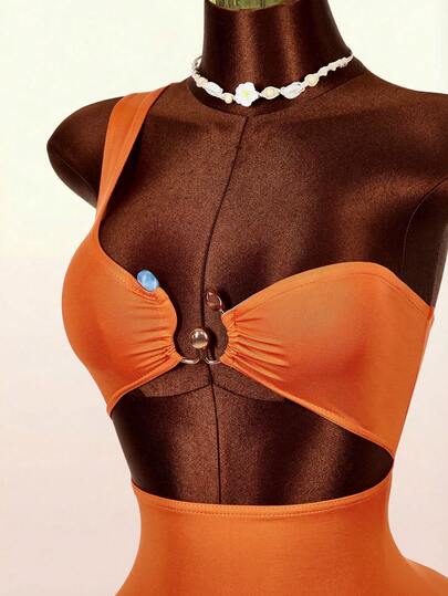 Amplova Women's Solid Color Cutout Decor Halter Bodysuit