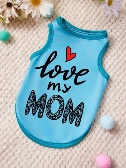 PETSIN 1 pieza Camiseta de tirantes para mascotas con estampado de carta de amor a mamá, azul, piel amigable y transpirable