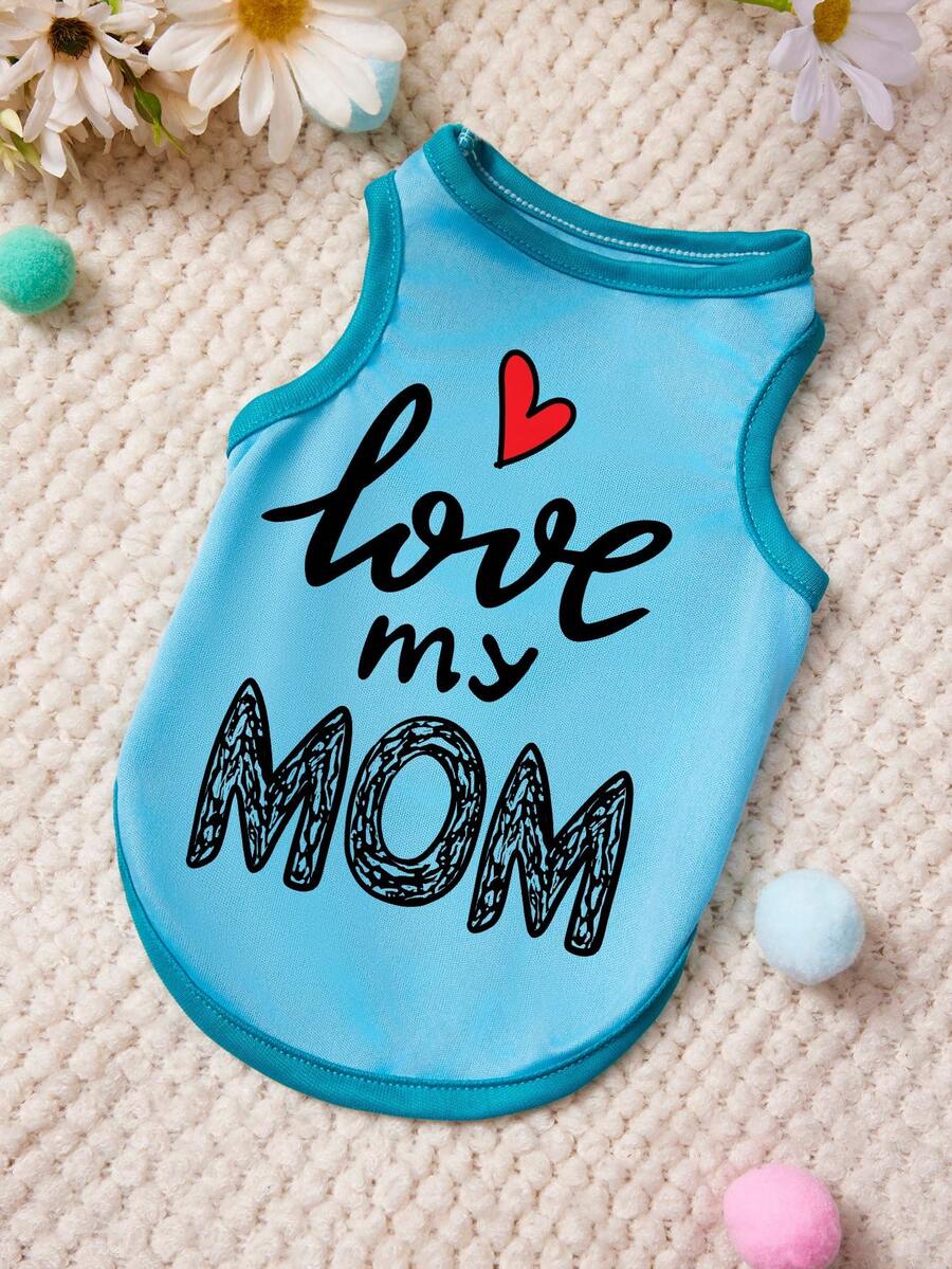 PETSIN 1 pieza Camiseta de tirantes para mascotas con estampado de carta de amor a mamá, azul, piel amigable y transpirable - Azul - Ver 1