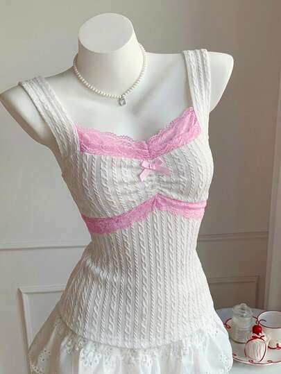 Comfortcana Women's Contrast Color Lace Bow Decor Minimalist Sleeveless Tank Top, Casual Daily Wear