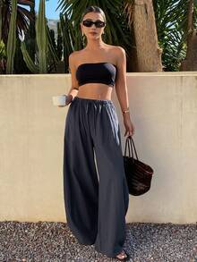 DAZY Quần ống rộng nữ, cạp chun, có dây rút, kiểu dáng đường phố năng động, thích hợp cho mùa xuân/thu. - Màu xanh hải quân - Xem 4