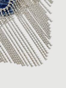 SHEIN MOD Áo khoác denim nữ cổ chữ V thắt nơ tua rua thời trang đa năng - Màu xanh lam - Xem 4