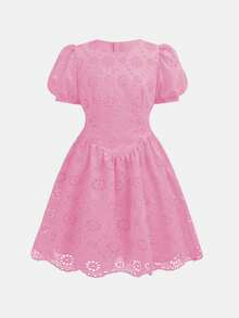 优雅红色花瓣袖A字连衣裙，适合大龄儿童，春夏款，刺绣装饰，适合家庭聚会、节日和日常穿着。 - 粉色 - 查看 3