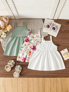 SHEIN Conjunto de 3 piezas de vestido de punto acanalado de unicolor y floral elegante para bebés recién nacidas, adecuado para uso al aire libre - Verde - Ver 2