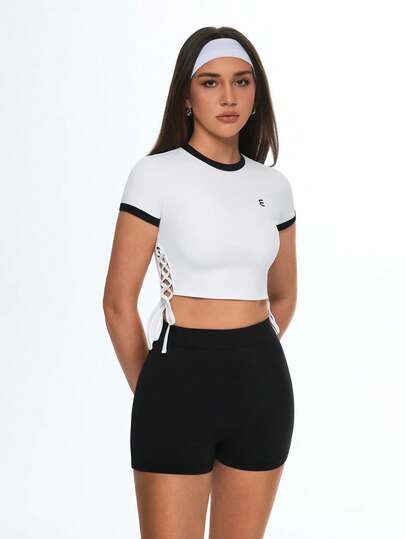 Eassivo 女士运动套装，撞色短袖系带T恤搭配字母印花运动短裤，夏季