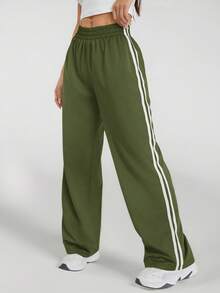 SHEIN PETITE 女士休闲黑色侧条纹长裤 - 軍綠色 - 查看 8