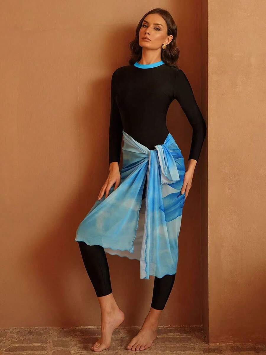 Swim Mulvari Women's 3 PiecesTropical Plant Print Mesh Dress, High Collar Contrast Trim Long Sleeve Top And Long Pants Swimsuit Set, Suitable For Spring/Summer Beach, Cruise, Vacation - Multicolor - View 1