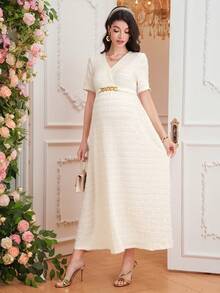 Momance فستان قصير الأكمام بياقة على شكل حرف V للنساء الحوامل مع حزام سلسلة، تنورة على شكل حرف A، فستان طويل منسوج بطريقة جاكارد - بيج - مشاهدة 5