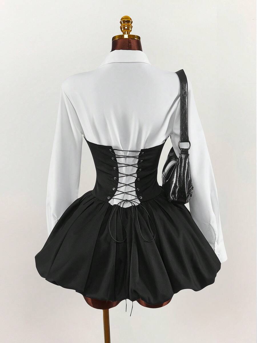 Amplova Đầm ngắn nữ kiểu patchwork phối màu tương phản, phong cách avant-garde gợi cảm thời Y2K.