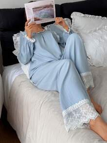 DAZY Conjunto de pijama de mujer con contraste de color elegante y dulce con aplicaciones de encaje - Azul - Ver 8