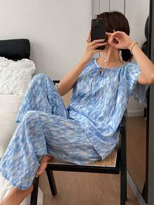 DAZY Bộ đồ ngủ nữ dáng rộng có dây rút in họa tiết nhuộm tie-dye, thích hợp cho mùa hè. - Màu xanh lam - Xem 7