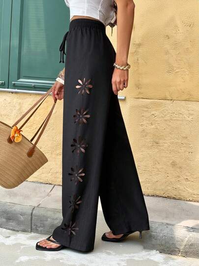 SHEIN Tall Women's Black Woven Fabric Straight Leg Trousers With Floral Cutouts Casual Long Pants With Pockets