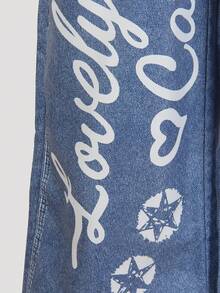 SHEIN Girls' Street-Style Graffiti & Dark Sweet Graphic Print Loose Dungaree Pants, Featuring Cat, Letter, Star, Bow Patterns, Unique Design, Suitable For Casual Occasions, Spring/Summer - Blue - View 7