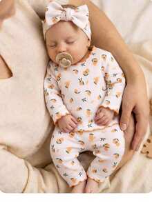 2 Potong Set Piyama Rajut Leher Bulat Berkerut Motif Kartun Lucu untuk Bayi Baru Lahir, Putih, Musim Gugur, Seragam Keluarga, Pakaian Tidur Nyaman untuk Bayi Perempuan - Putih - View 3