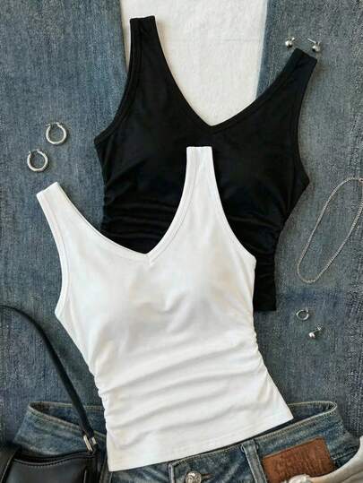 SHEIN 2pcs/Set Teen Girls' Black & White V-Neck Sleeveless Ruched Waist Fitted Knit Camisole Tops, Buy 1 Get 1 Free
