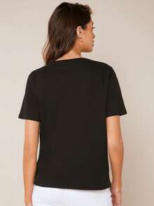 SHEIN BASICS Short Sleeves V-Neck Solid Casual Tee - Black - View 2