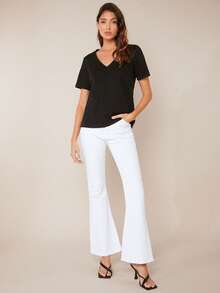 SHEIN BASICS Short Sleeves V-Neck Solid Casual Tee - Black - View 3