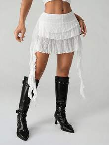 SHEIN ICON 女士纯色不对称下摆荷叶边时尚夏季半身裙 - 白色 - 查看 4