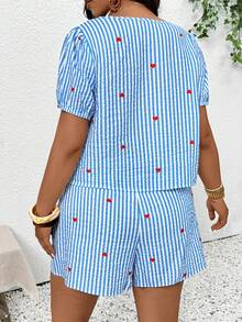 SHEIN Frenchy Women's Blue And White Deep V Neck Puff Short Sleeve Blouse And Shorts Set Plus Size Summer Vacation Coords Outfit Beach Vacation Cute - Blue - View 2