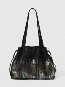 ROMWE Fairycore Túi xách tay Gothic màu sắc có cửa sổ, túi đựng đồ cỡ lớn màu tối, túi đeo vai họa tiết hoa laser ma thuật. - Cửa sổ màu - Xem 1