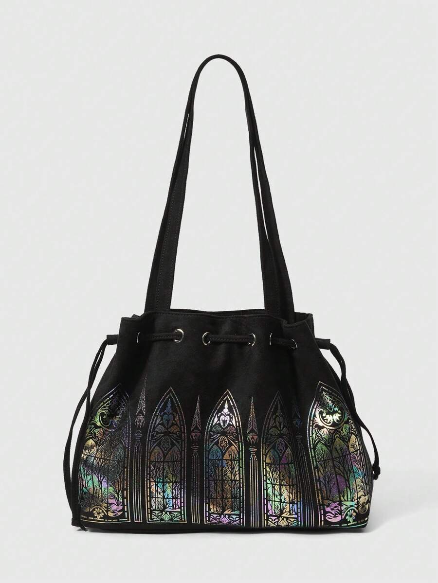 ROMWE Fairycore Túi xách tay Gothic màu sắc có cửa sổ, túi đựng đồ cỡ lớn màu tối, túi đeo vai họa tiết hoa laser ma thuật. - Cửa sổ màu - Xem 1