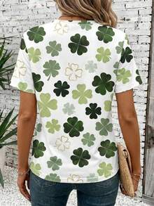 EMERY ROSE 圣帕特里克节四叶草图案印花女式圆领短袖休闲T恤 – 节日派对、春季、春假、夏季 - 彩色 - 查看 3