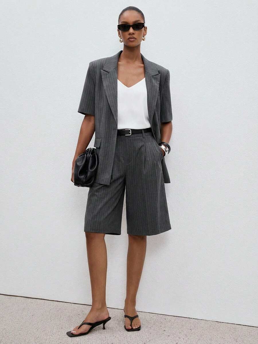 ATUI Studio 女士休闲通勤条纹短袖西装外套 - 灰色 - 查看 1