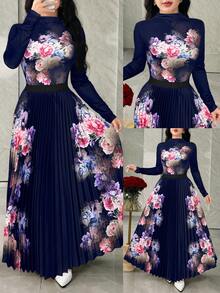 Modelyn Women Floral Print Long Sleeve Blouse And Pleated Midi Skirt 2 Pieces Set - Navy Blue - View 1