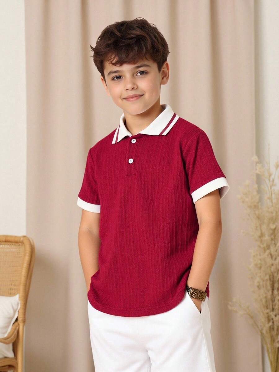 SHEIN Vacaura Tween Boy Casual Contrast Binding Short Sleeve Polo Shirt, Textured Fabric, Suitable For Daily Commute & Sports, Summer - Burgundy - View 1