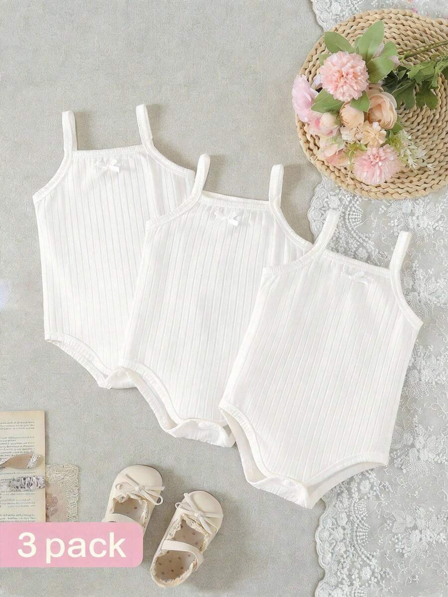 SHEIN 3pcs/Set Baby Girl Casual Cute Colorblock Strap Romper, Summer - White - View 1