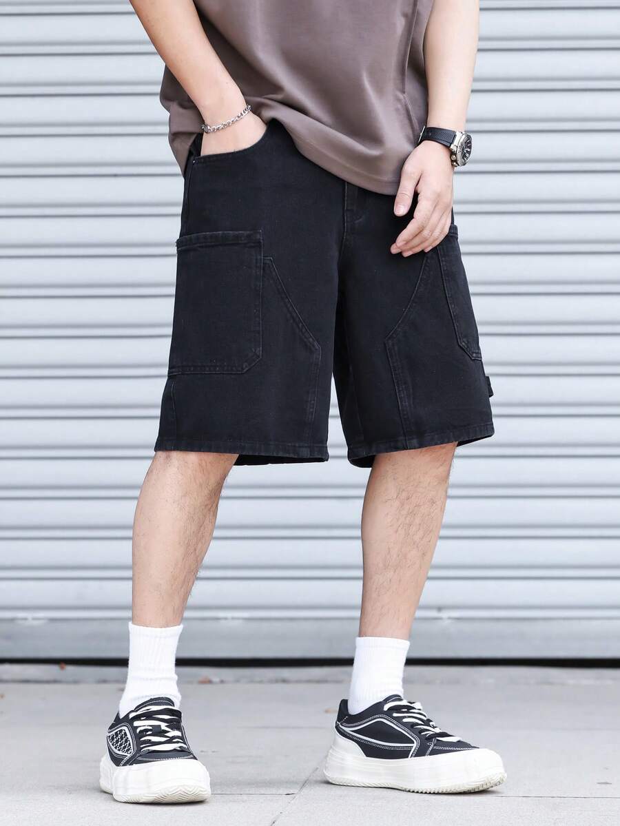 Manfinity Hypemode Quần short denim ống rộng dáng suông tối giản màu trơn, phối nhiều mảnh, dành cho nam giới mùa hè, phong cách thường ngày, thích hợp đi làm. - Xám - Xem 1