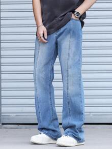Manfinity Homme Plain Long Light Wash Wide Leg Denim Jeans For Men Casual Modern Style With Zipper - Light Wash - View 3