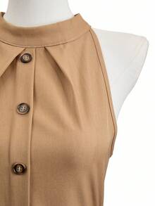 SHEIN LUNE Women's Elegant Solid Color Sleeveless Cardigan Dress - Khaki - View 3