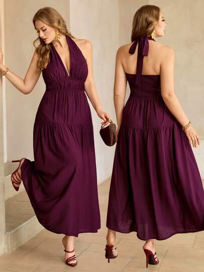 Roveilla Plus Size Women's Solid Color Deep V Neck Ruched Dress