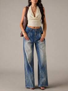 SHEIN BAE Women's Summer Sexy Bohemian Beach Vacation Tie-Dye Halter Backless Top , Summer ,Party ,Beach,Cute Top,Club Sexy,Sheer Mesh Top - Apricot - View 6